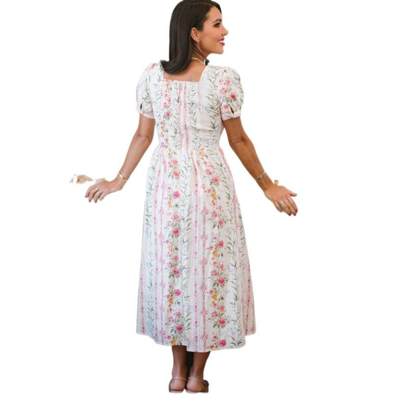 Damen Maxikleid mit floralem Design und langen Puffärmeln Drune
