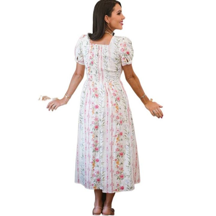 Damen Maxikleid mit floralem Design und langen Puffärmeln Drune