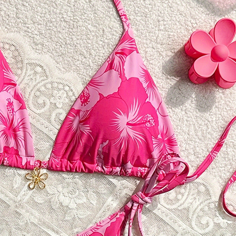 Damen Triangel-Bikini mit verspieltem Blumenmuster und verstellbaren Bändern Drune