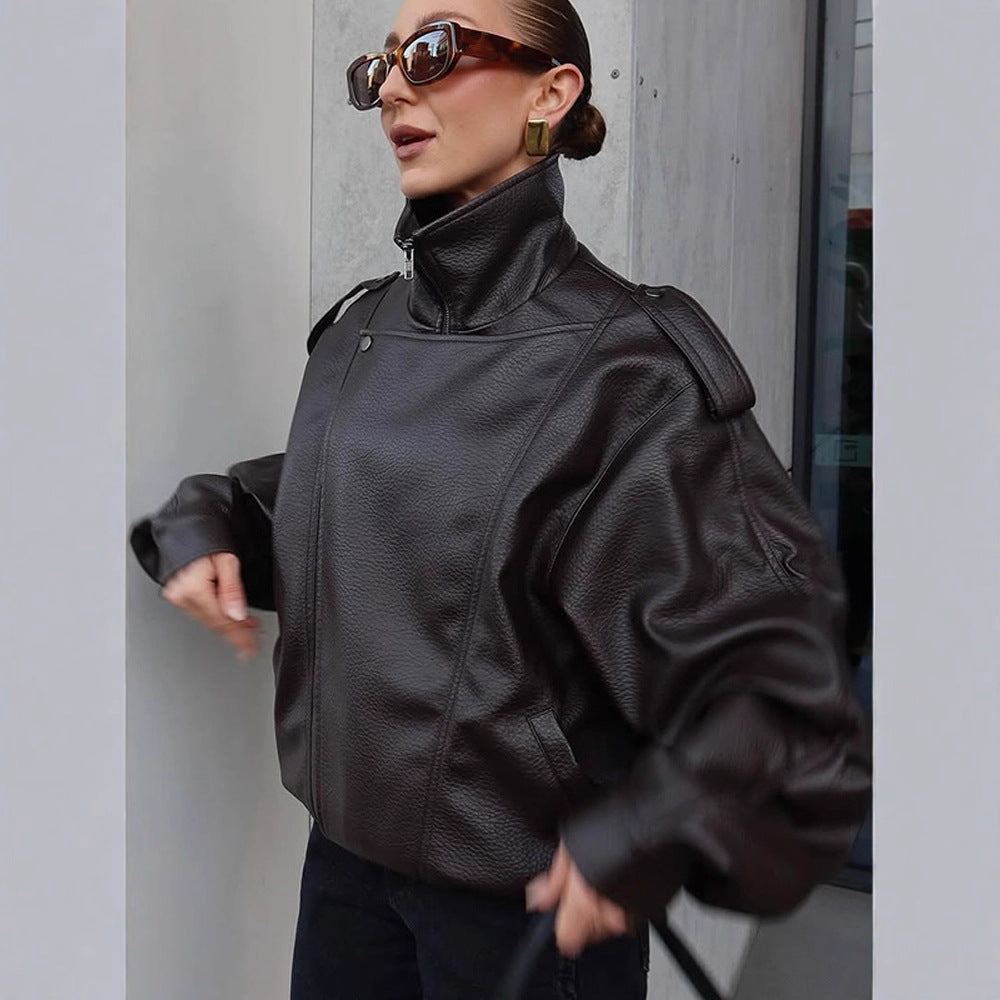Damen Oversized Kunstlederjacke mit hohem Kragen und voluminösen Ärmeln Drune