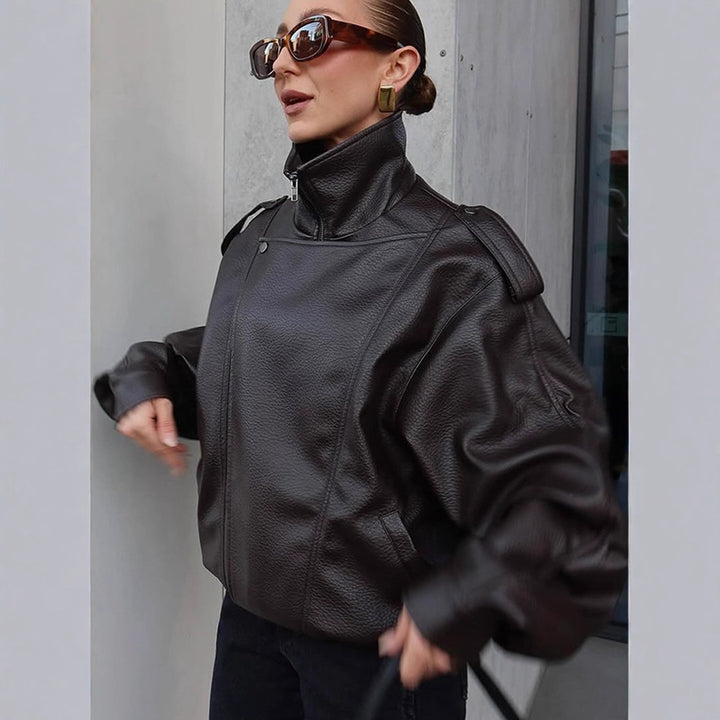 Damen Oversized Kunstlederjacke mit hohem Kragen und voluminösen Ärmeln Drune