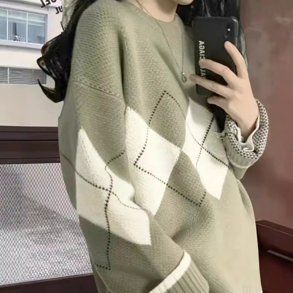 Damen Grobstrickpullover mit modernen Rautenmustern und weitem Schnitt Drune