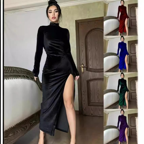 Damen Elegantes Wickelkleid mit hochgeschlossenem Ausschnitt und seitlichem Schlitz Drune