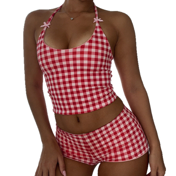 Damen Badeanzug Set mit kariertem Muster und verstellbaren Trägern Drune