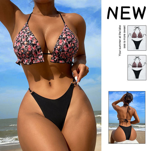 Damen Triangel-Bikini mit Rüschendetails und floralem Muster Drune