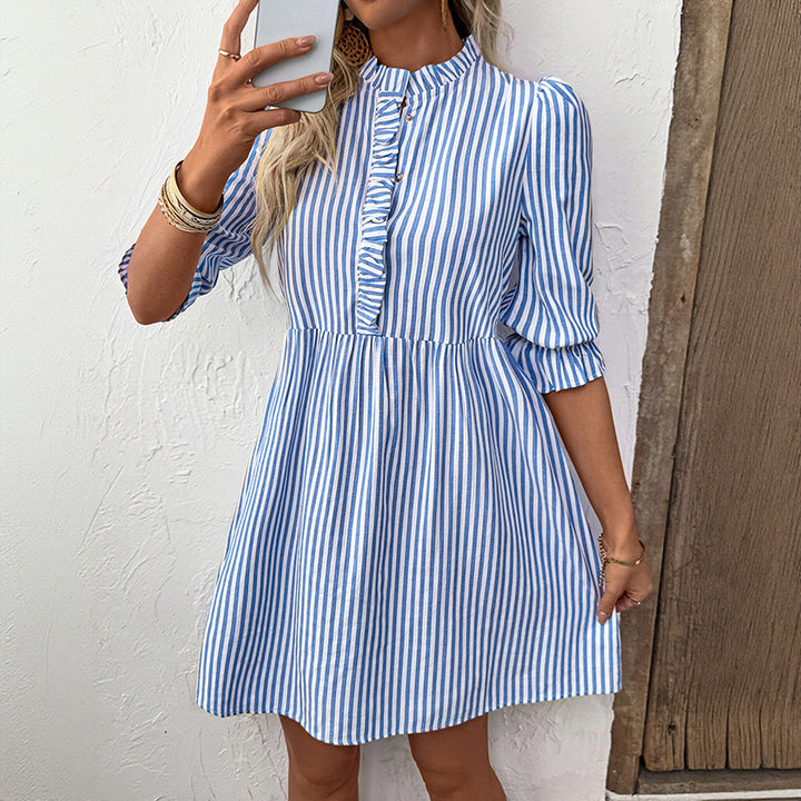 Damen Baumwollkleid mit Rüschendetails und gestreiftem Design Drune