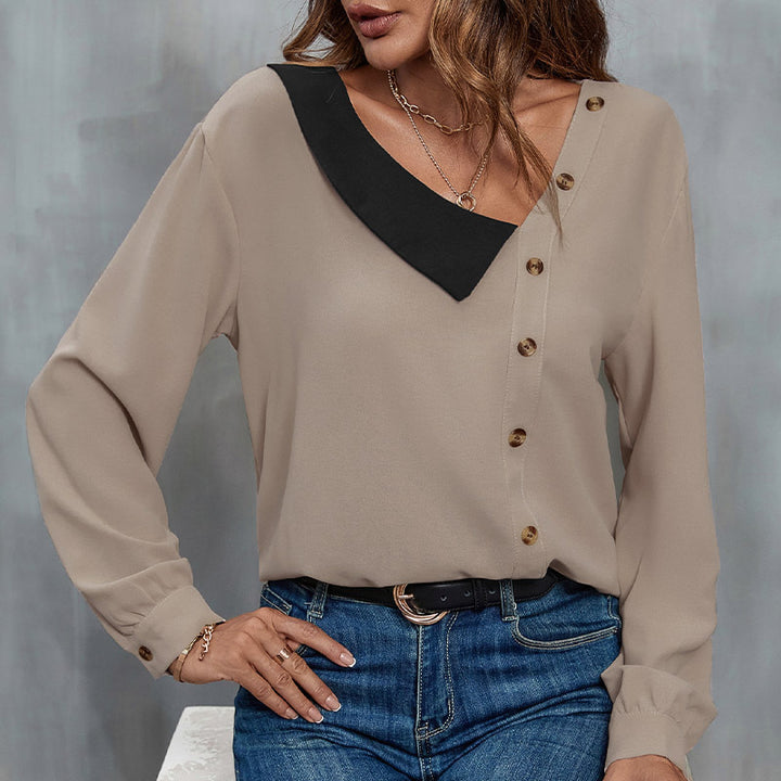 Damen Bluse mit asymmetrischem Kragen und dekorativen Knopfdetails Drune