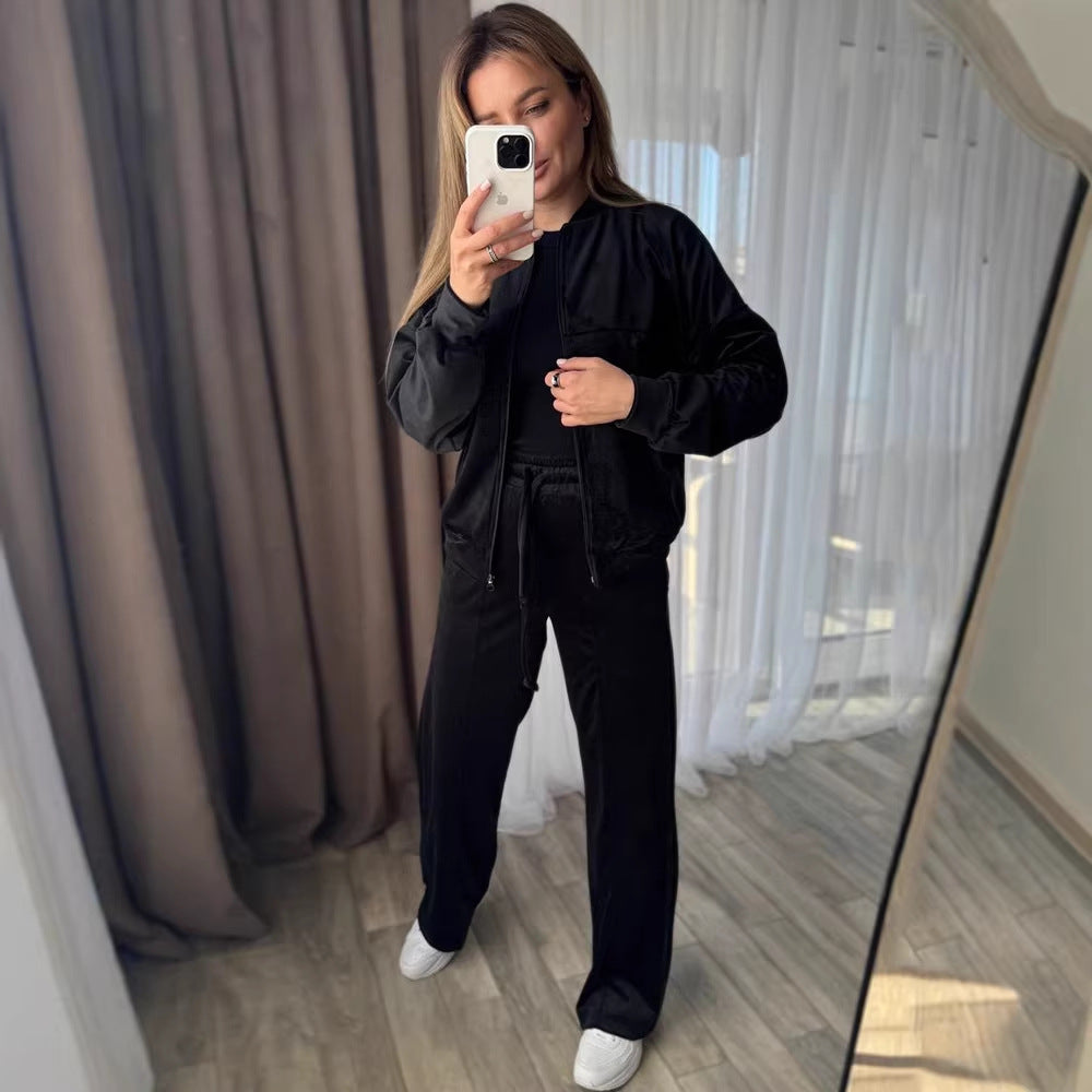 Damen Sportlicher Velours-Jogginganzug mit hohem Kragen und praktischen Taschen Drune