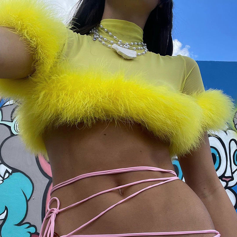 Damen trendiges cropped Oberteil mit glamourösem Federbesatz Drune