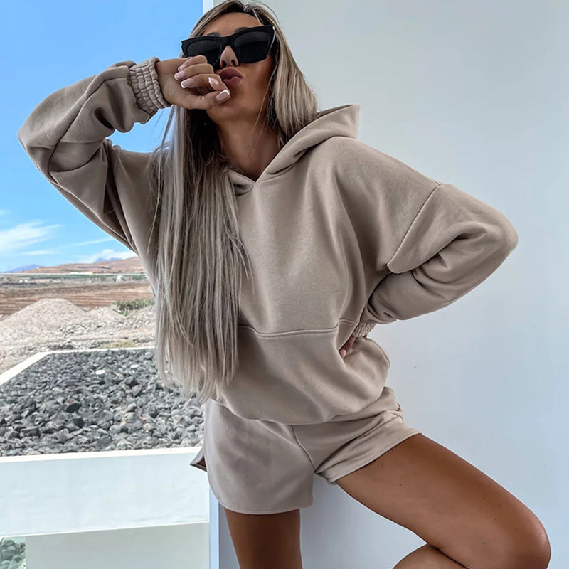 Damen lässiges Kapuzenoberteil und Shorts-Set Drune