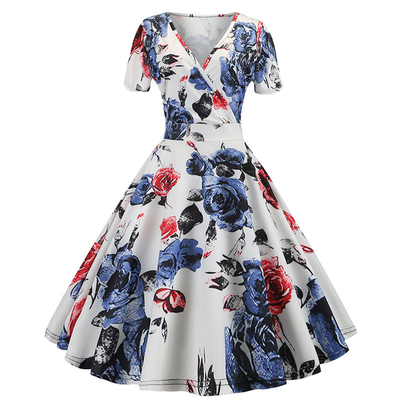 Damen Swing-Kleid mit floralem Design und tiefem V-Ausschnitt Drune