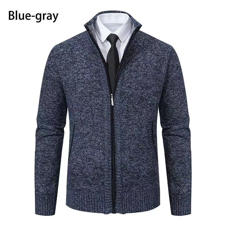Herren nan melierte Strickzipjacke mit hohem Stehkragen, feiner Struktur und verdeckten Eingrifftaschen Drune