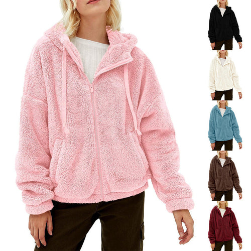 Damen Flauschige Kapuzenjacke mit praktischen Taschen und Reisverschluss Drune
