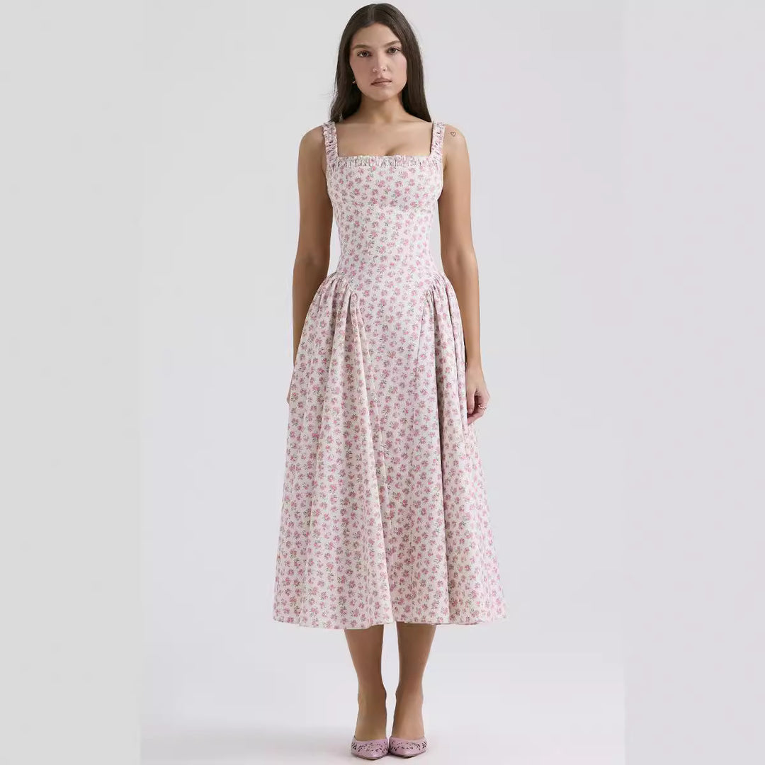 Damen Midi-Kleid mit floralem Muster und angeschnittenem Rock Drune