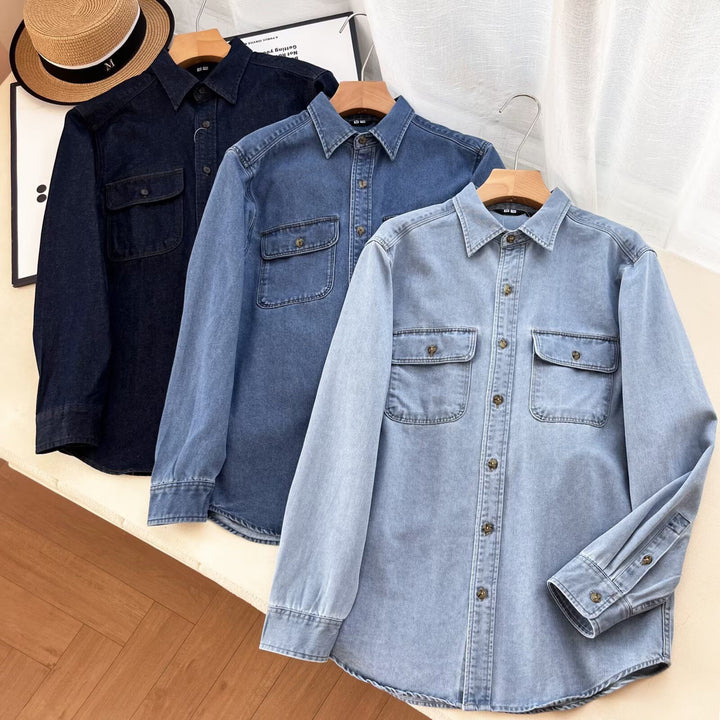 Damen Lässige Denim-Hemdbluse mit Brusttaschen Drune