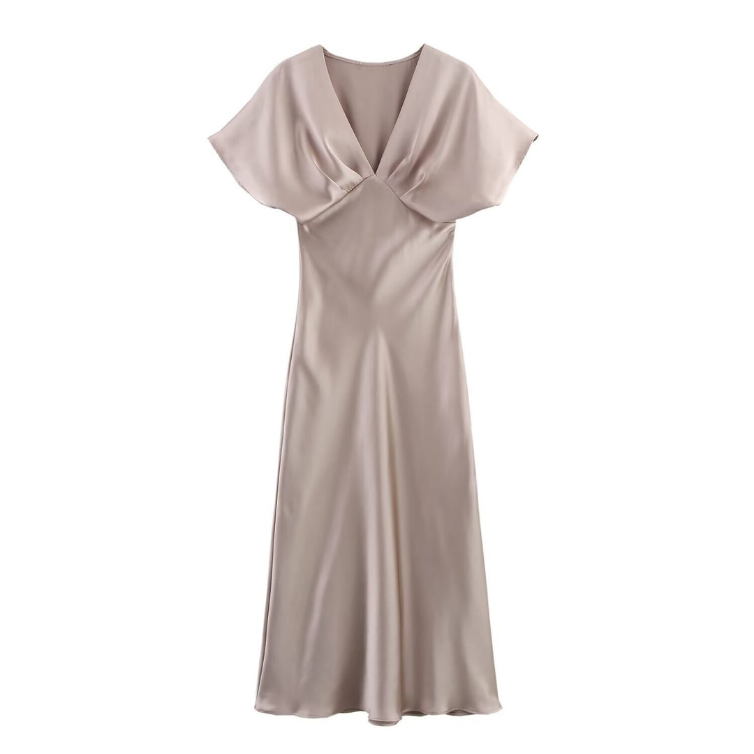 Damen Maxikleid mit elegantem V-Ausschnitt und fließendem Satin-Material Drune