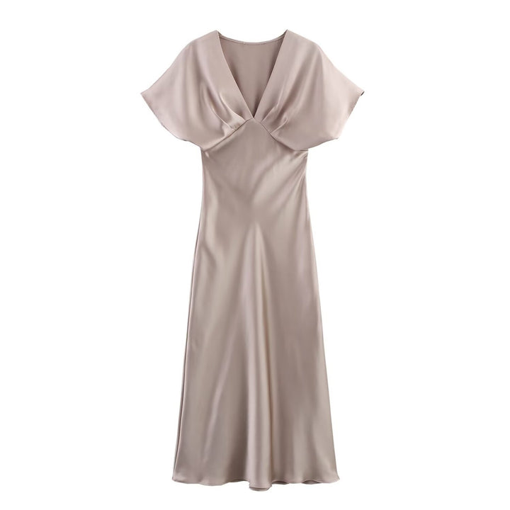 Damen Maxikleid mit elegantem V-Ausschnitt und fließendem Satin-Material Drune