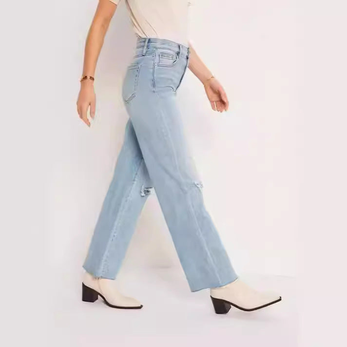 Damen High-Waist Jeans mit fransigem Saum und modischen Rissdetails Drune