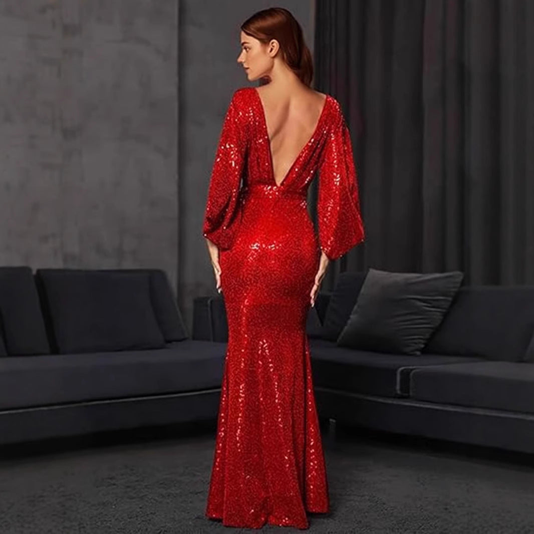 Damen Glamouröses Pailletten-Abendkleid mit tiefem V-Ausschnitt und fließendem Rock Drune