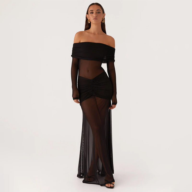 Damen durchsichtiges Maxikleid mit schulterfreiem Design und Rüschungen Drune
