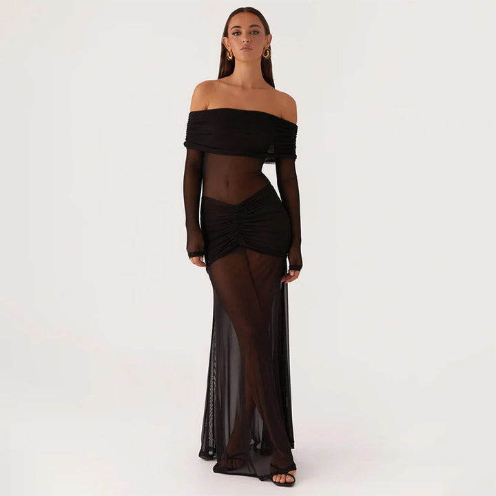Damen durchsichtiges Maxikleid mit schulterfreiem Design und Rüschungen Drune