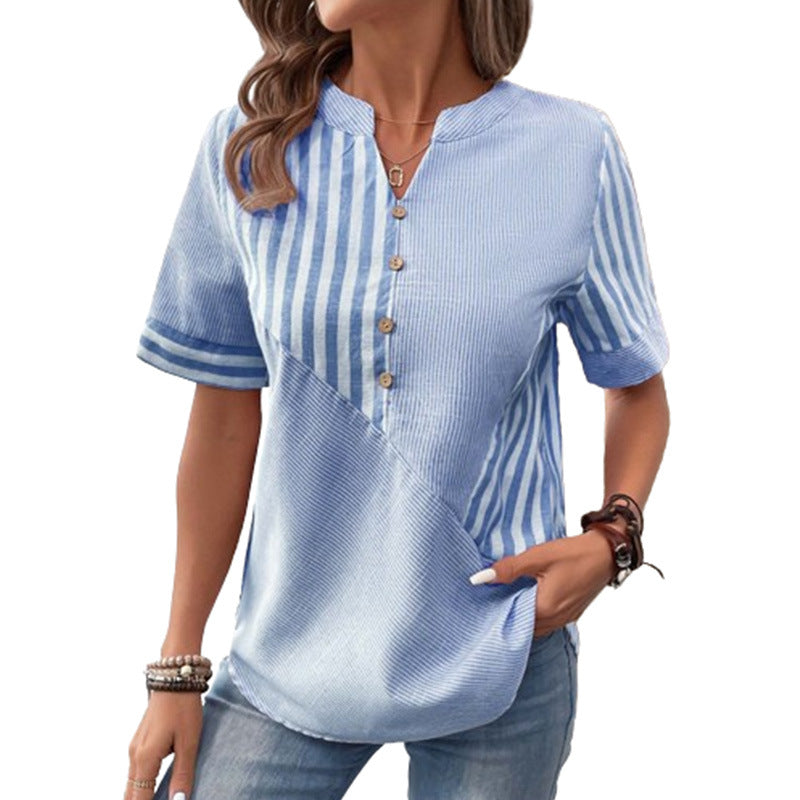 Drune V-Ausschnitt Asymmetrisches Streifen-Patchwork-Top