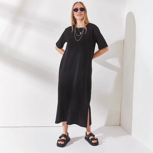 Damen schlichtes langärmliges Kleid mit seitlichen Schlitzen und komfortablem Schnitt Drune