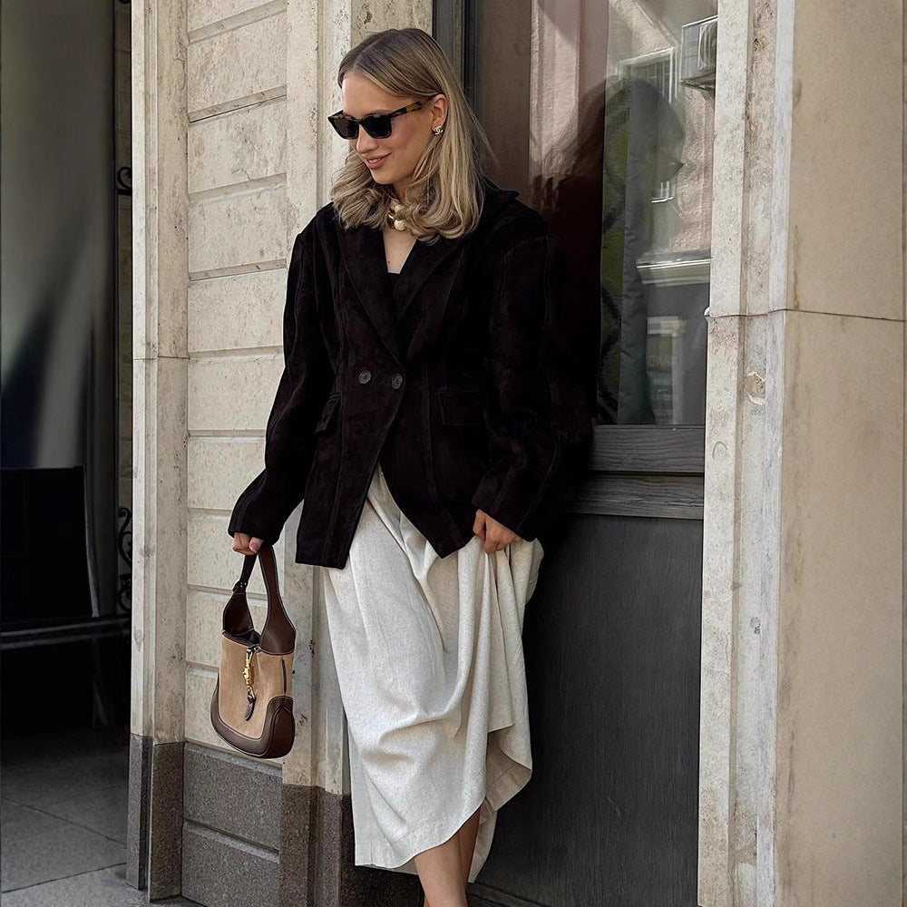 Damen modische Übergröße Blazerjacke mit strukturiertem Design und klassischen Knopfdetails Drune