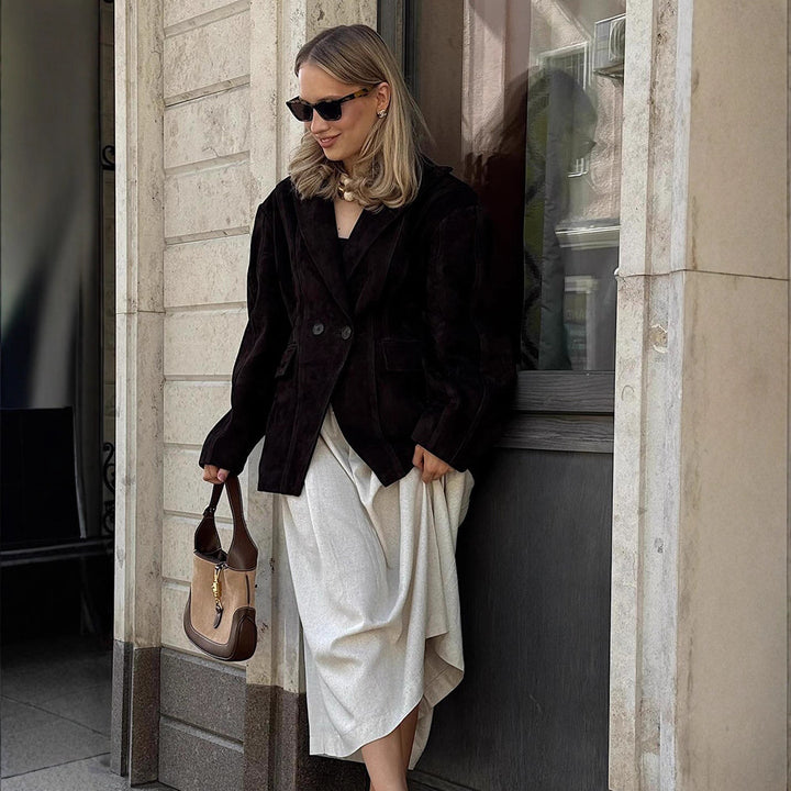 Damen modische Übergröße Blazerjacke mit strukturiertem Design und klassischen Knopfdetails Drune