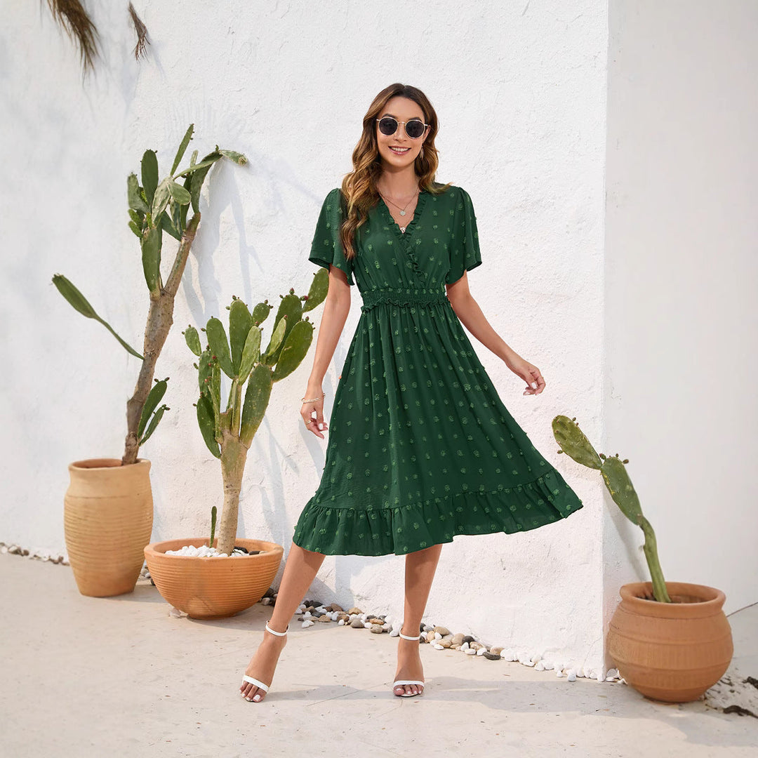 Damen Midikleid mit raffiniertem V-Ausschnitt, elastischem Taillenzug und fließendem Rock Drune