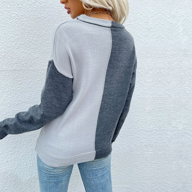 Damen modischer Pullover mit asymmetrischem Farbblock-Design und langem Arm Drune