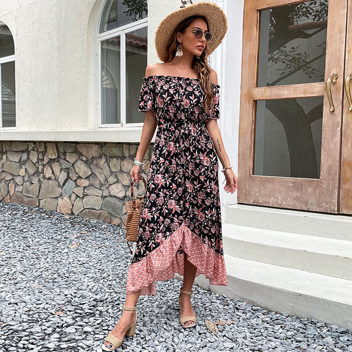 Damen Off-Shoulder Maxikleid mit floralem Muster und hohem Schlitz Drune