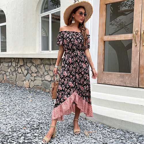 Damen Off-Shoulder Maxikleid mit floralem Muster und hohem Schlitz Drune