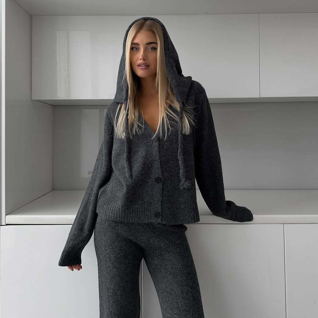 Damen eleganter Strick-Loungewear-Anzug mit weitem Bein Drune