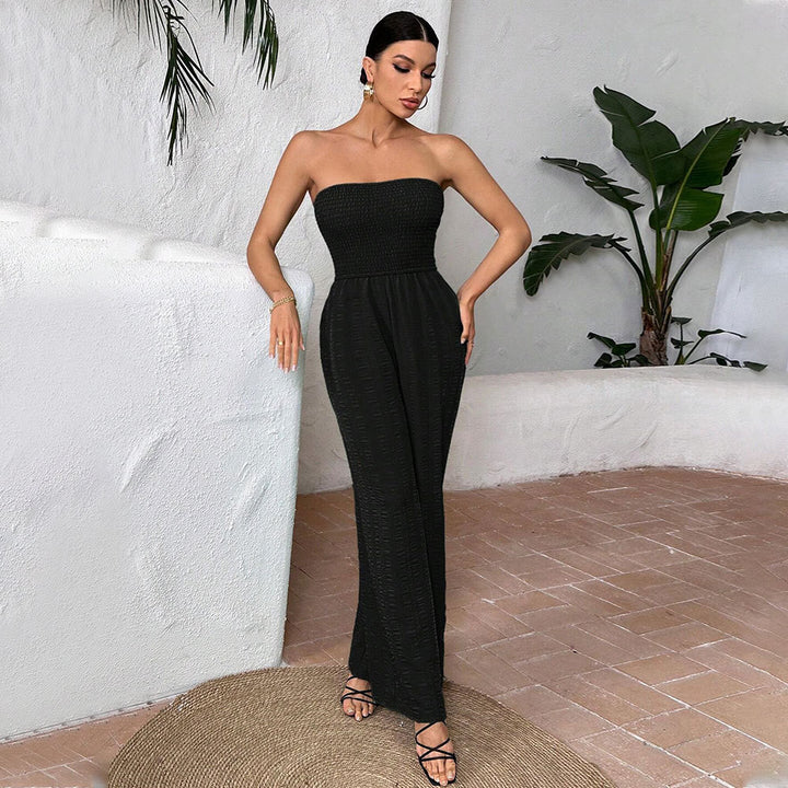 Damen lässiger Jumpsuit mit schulterfreiem Design und elastischem Oberteil Drune