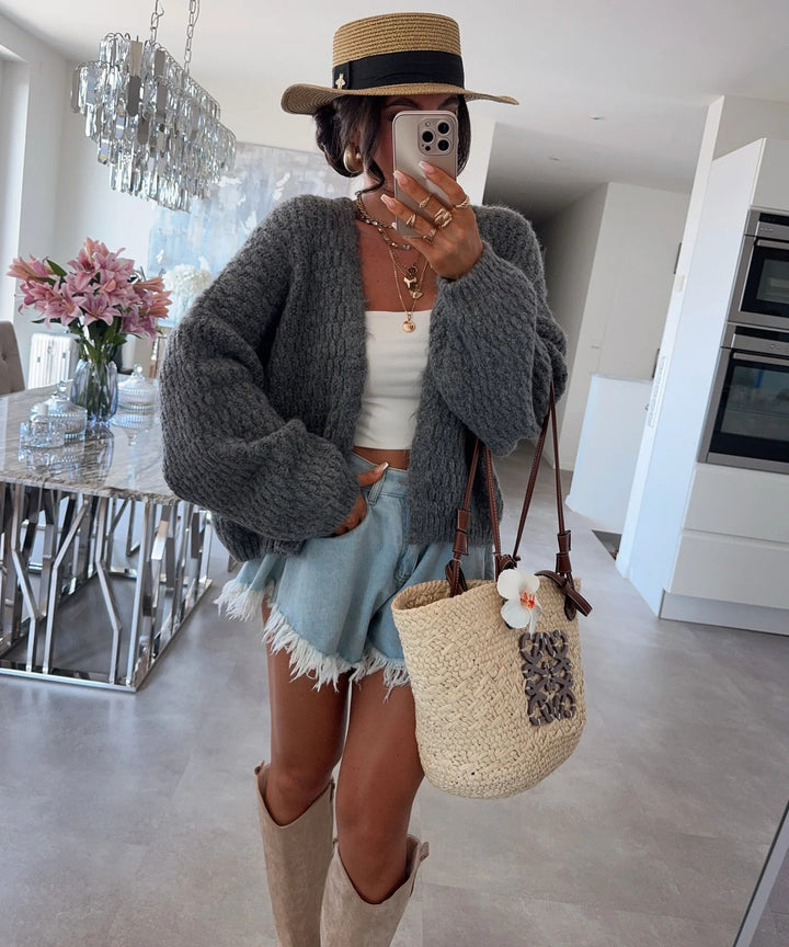 Damen Grobstrickjacke mit voluminösen Ärmeln und offener Front Drune