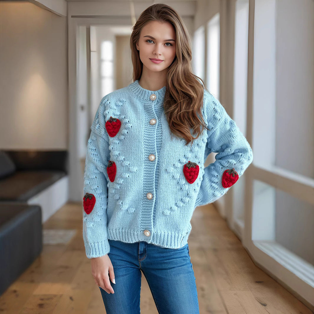 Damen Strickjacke mit verspieltem Erdbeermotiv und Knopfdetails Drune