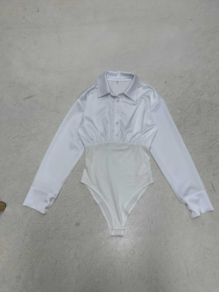 Damen eleganter Bodysuit mit feinem Kragen und Knopfdetails Drune