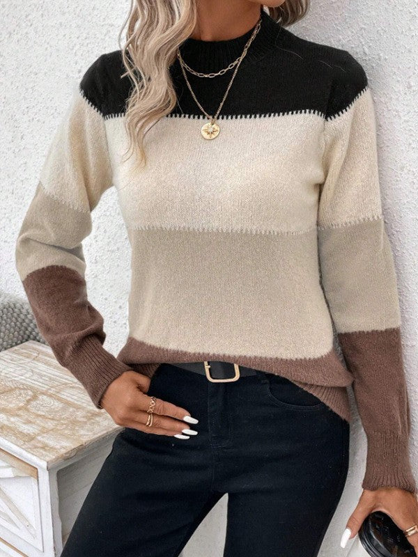 Damen Rundhals Strickpullover mit modernen Farbkombinationen Drune