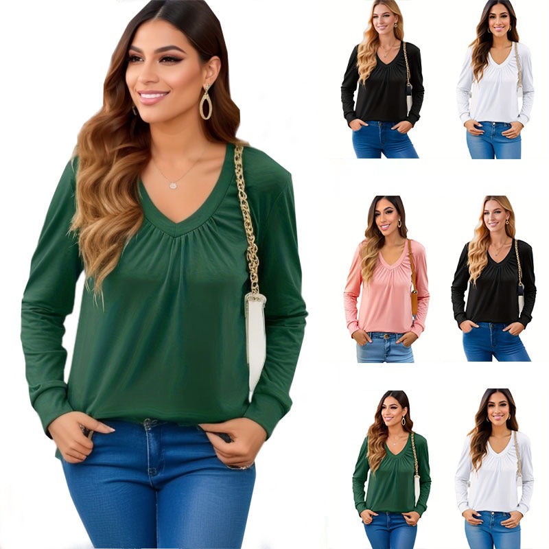 Damen V-Ausschnitt Langarmshirt mit geschmackvollem Faltenwurf und lässiger Passform Drune