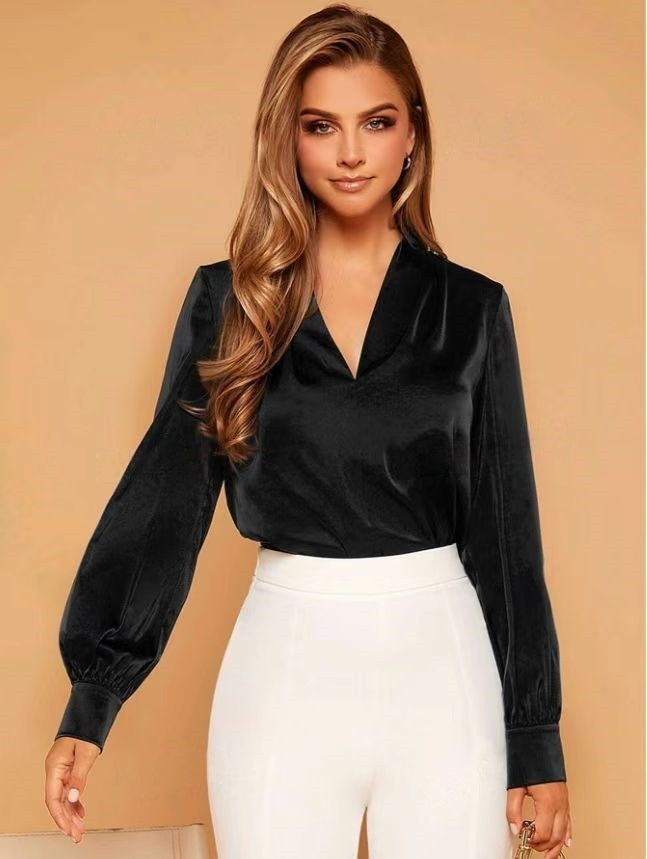 Damen Satinbluse mit elegantem V-Ausschnitt und weiten Ärmeln Drune