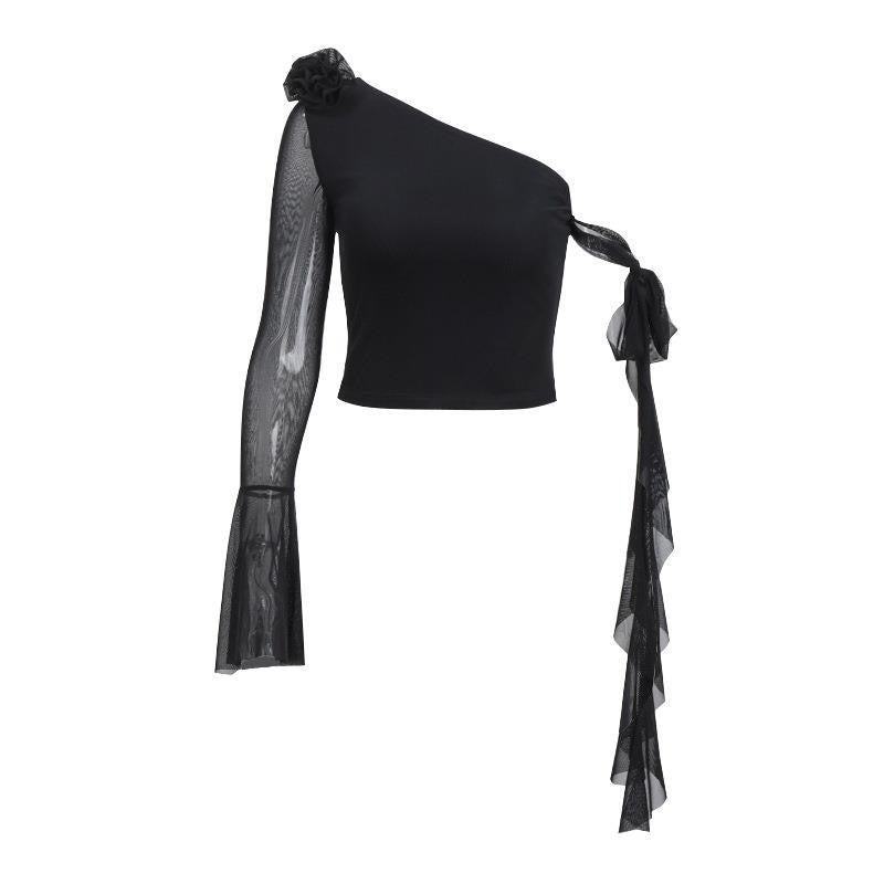 Damen Off-Shoulder Oberteil mit transparenten Ärmeln und dekorativen Akzenten Drune