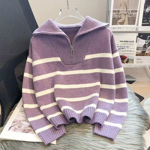 Damen lässiger Strickpullover mit hohem Kragen und Reißverschluss Drune