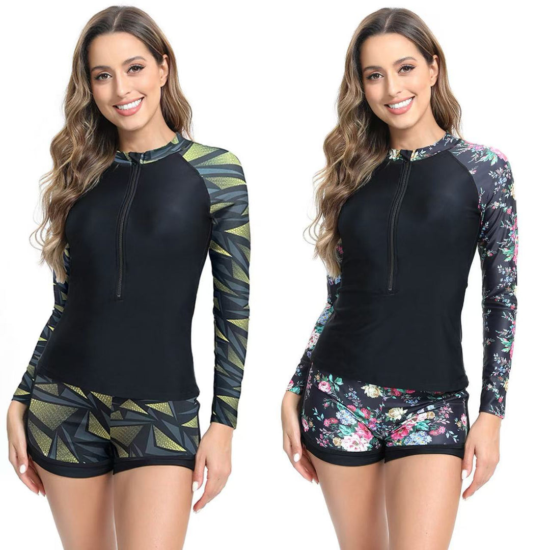 Damen Sportlicher Langarm Surfanzug mit Reißverschluss und Shorts Drune