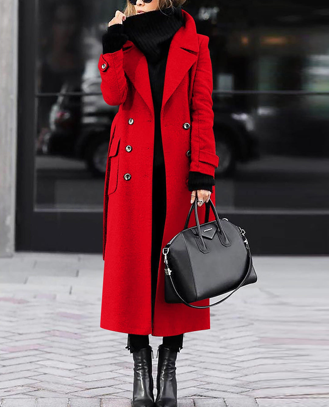 Damen nan eleganter Maxi-Wollmixmantel mit doppelreihiger Knopfleiste, weitem Reverskragen und aufgesetzten Taschenklappen Drune