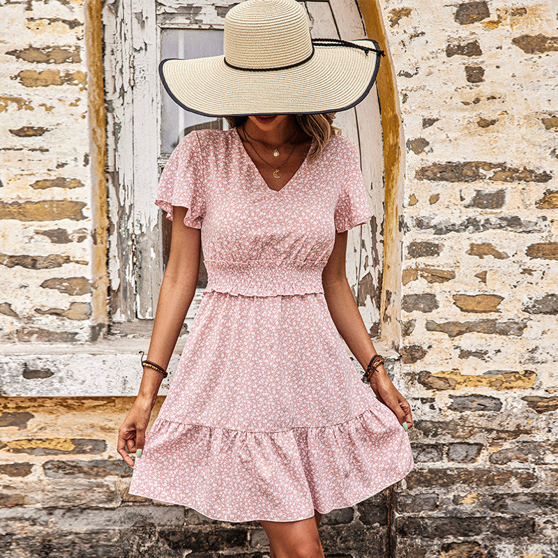 Damen Sommerkleid mit floralem Design und elastischem Taillengürtel Drune