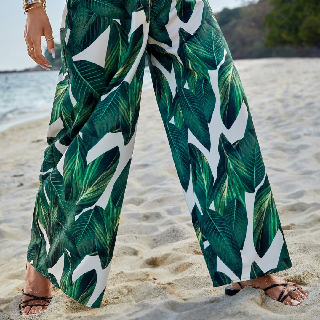 Damen weite Strandhose mit tropischem Blattmuster und elastischem Bund Drune
