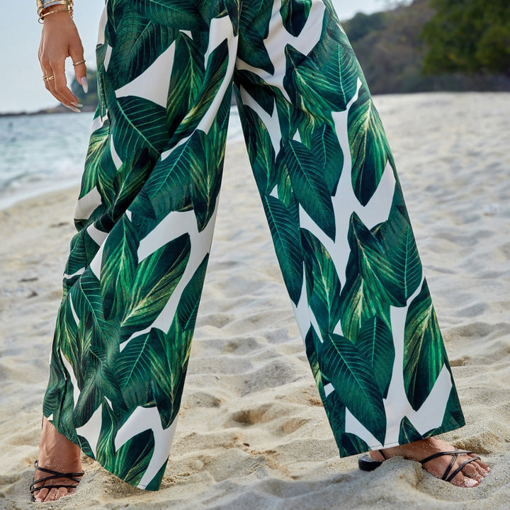 Damen weite Strandhose mit tropischem Blattmuster und elastischem Bund Drune
