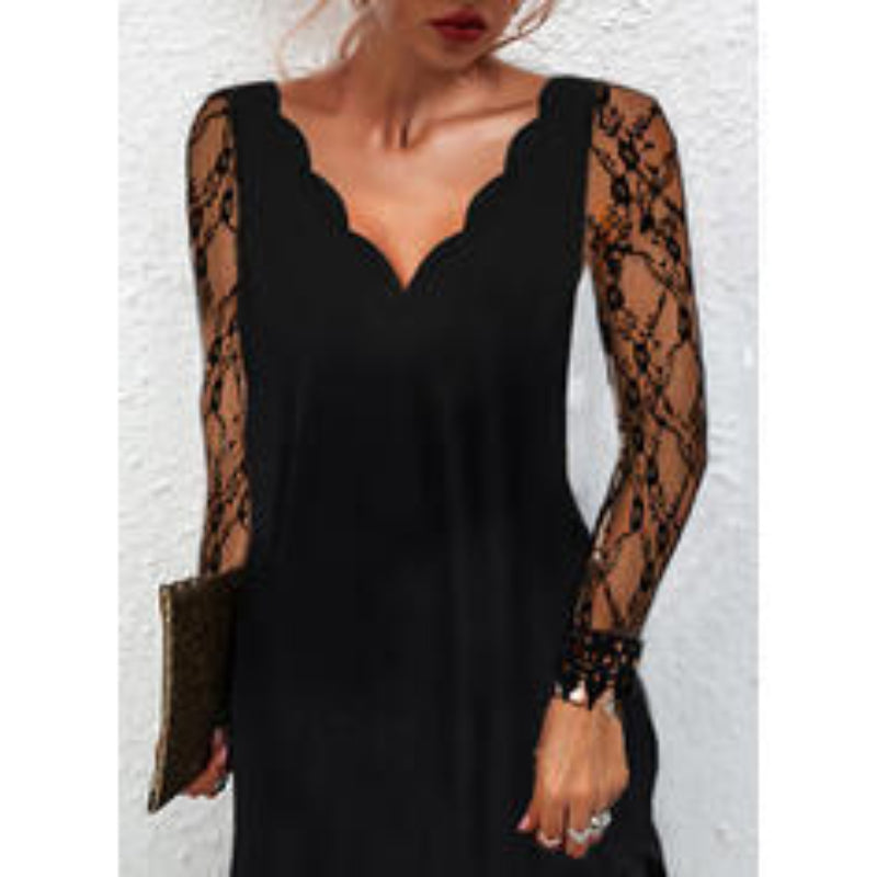 Damen Spitzenkleid mit V-Ausschnitt und eleganten Ärmeln Drune