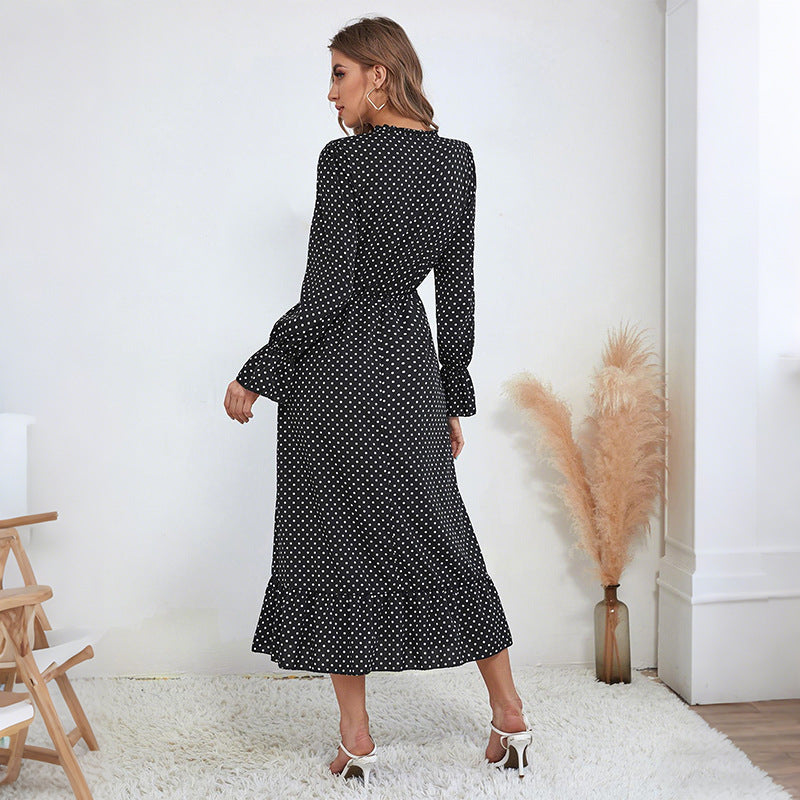 Damen Maxikleid mit eleganten Punkten und taillierbarem Gürtel Drune